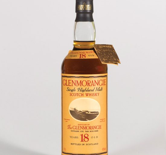 Bottle of the old style 18 year old Glenmoranige on a white background.